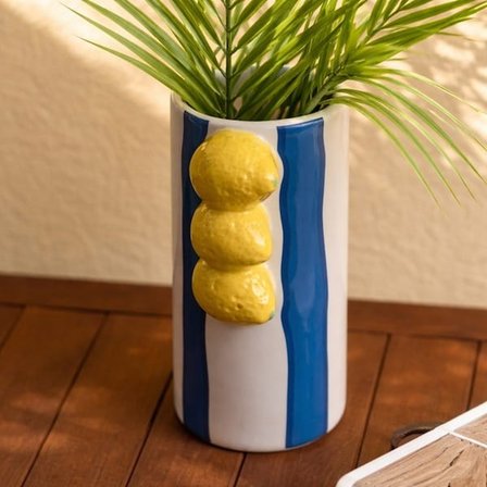 Evidea Deco Çizgili Limon Vazo - Mavi / Krem- 23x11 cm