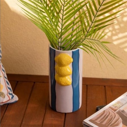 Evidea Deco Çizgili Limon Vazo - Mavi / Krem- 23x11 cm