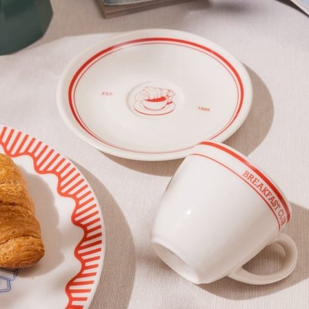 Evidea Kitchen Kruvasan 4 Parça 2 Kişilik Kahve Fincanı - Krem / Kırmızı - 90 ml