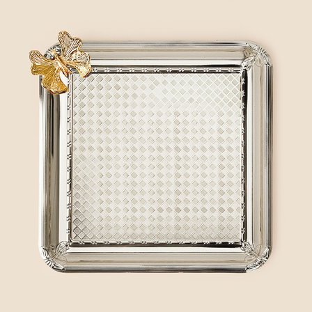 Dalgıç Kelebekli Kare Sunum Tepsisi - Gümüş / Gold - 21x21 cm