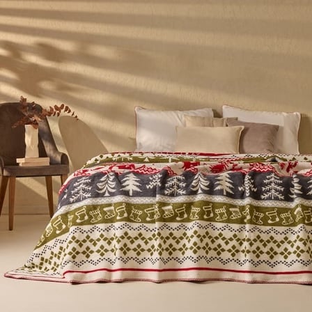 Evidea Soft Nordic Pamuklu Çift Kişilik Battaniye - Kırmızı / Yeşil - 200x220 cm