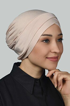 Dört Bantlı Çapraz Dış Tesettür Bonesi Hazır Türban Penye