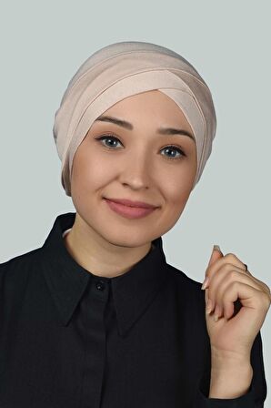 Dört Bantlı Çapraz Dış Tesettür Bonesi Hazır Türban Penye