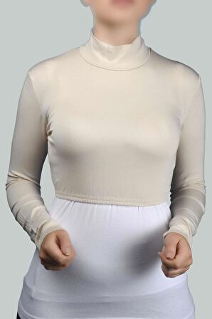 Uzun Kol Balıkçı Yaka Boğazlı Likralı Penye Kadın Yarım Body