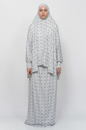 Pratik İki Parça Güneş Desenli Yarasa Kollu Başörtülü Likralı Tesettür Namaz Elbisesi 992-0302