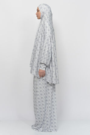 Pratik İki Parça Güneş Desenli Yarasa Kollu Başörtülü Likralı Tesettür Namaz Elbisesi 992-0302