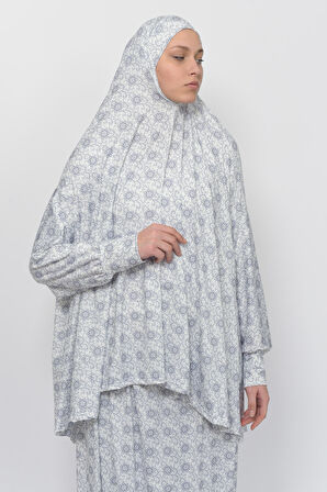 Pratik İki Parça Güneş Desenli Yarasa Kollu Başörtülü Likralı Tesettür Namaz Elbisesi 992-0302