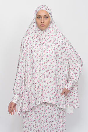 Pratik İki Parça Çiçek Desenli Yarasa Kollu Başörtülü Likralı Tesettür Namaz Elbisesi 992-0201