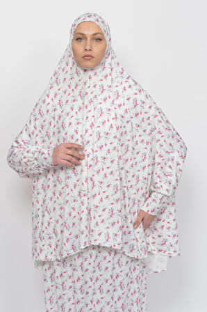 Pratik İki Parça Çiçek Desenli Yarasa Kollu Başörtülü Likralı Tesettür Namaz Elbisesi 992-0201