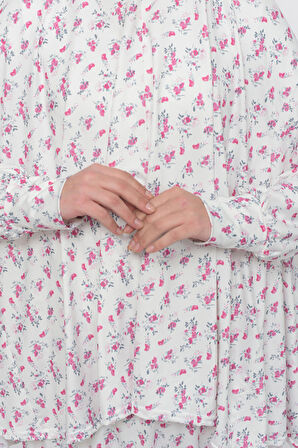 Pratik İki Parça Çiçek Desenli Yarasa Kollu Başörtülü Likralı Tesettür Namaz Elbisesi 992-0201