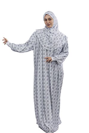 Pratik Tek Parça Güneş Desenli Kollu Tak Çıkar Başörtülü Likralı Tesettür Namaz Elbisesi 990-0302