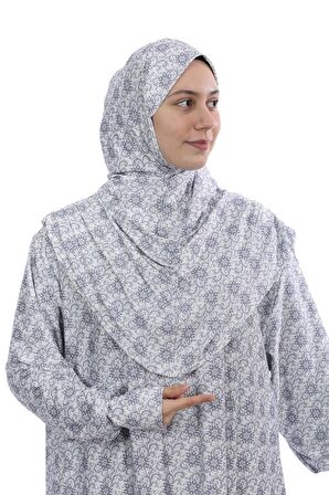 Pratik Tek Parça Güneş Desenli Kollu Tak Çıkar Başörtülü Likralı Tesettür Namaz Elbisesi 990-0302