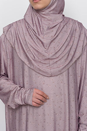 Pratik Tek Parça Çiçek Desenli Kollu Tak Çıkar Başörtülü Likralı Tesettür Namaz Elbisesi 990-0201