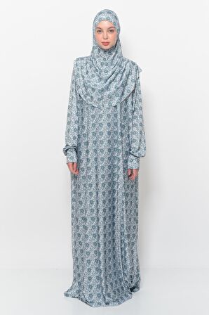 Pratik Tek Parça Güneş Desenli Kollu Tak Çıkar Başörtülü Likralı Tesettür Namaz Elbisesi 990-0302