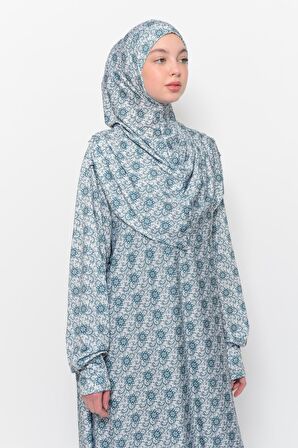 Pratik Tek Parça Güneş Desenli Kollu Tak Çıkar Başörtülü Likralı Tesettür Namaz Elbisesi 990-0302