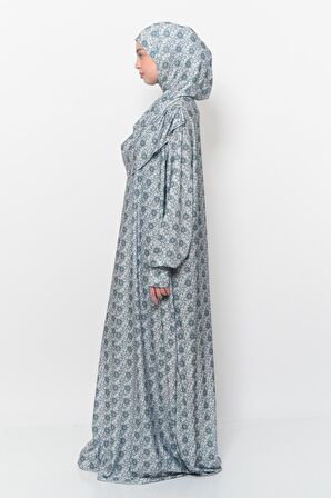 Pratik Tek Parça Güneş Desenli Kollu Tak Çıkar Başörtülü Likralı Tesettür Namaz Elbisesi 990-0302