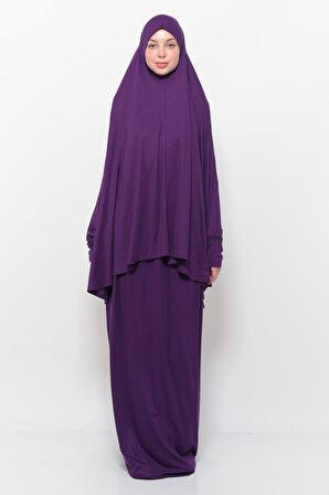 Pratik İki Parça Pamuklu Yarasa Kollu Başörtülü Organik Tesettür Namaz Elbisesi