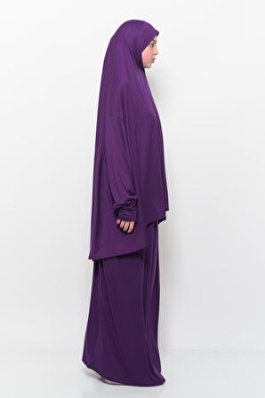 Pratik İki Parça Pamuklu Yarasa Kollu Başörtülü Organik Tesettür Namaz Elbisesi