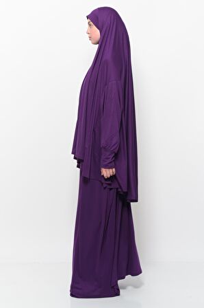 Pratik İki Parça Pamuklu Yarasa Kollu Başörtülü Organik Tesettür Namaz Elbisesi