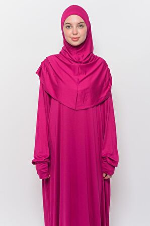 Pratik Tek Parça Pamuklu Yarasa Kollu Tak Çıkar Başörtülü Organik Tesettür Namaz Elbisesi