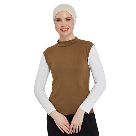 Organik Kolsuz Balıkçı Yaka Likralı Kadın Sıfır Kol Body - Açık Çikolata