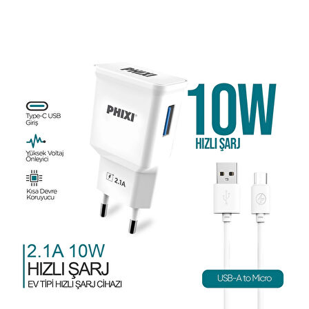 Phixi PCH201M Basic 2.1A Micro USB Kablolu Şarj Cihazı