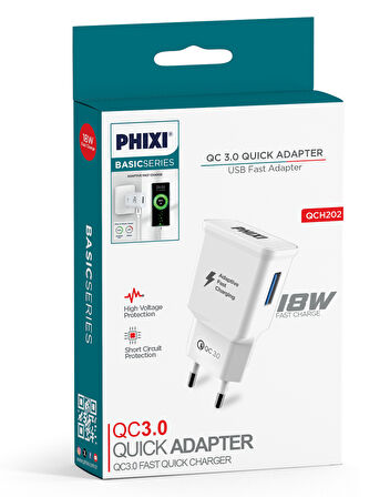 Phixi QCH202 Basic 12V / 3A Qualcomm 3.0 Hızlı Şarj Adaptörü