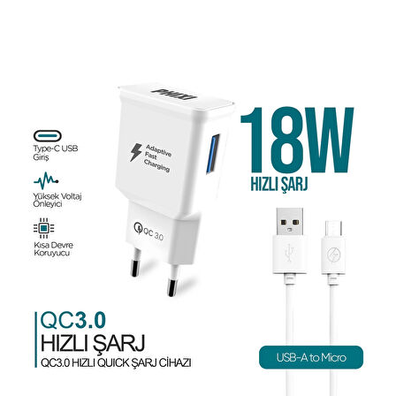 Phixi QCH202M Basic 12V / 3A Qualcomm 3.0 Micro USB Kablolu Hızlı Şarj Cihazı