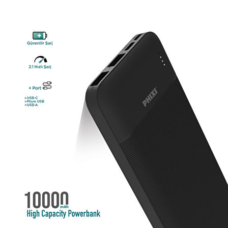 Phixi Basic P10 10000mAh Powerbank 10W - 2 Port LED Gösterge - Taşınabilir Şarj Cihazı