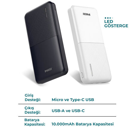 Phixi Basic P18 22.5W 10000mAh Hızlı Şarj Cihazı - PD Powerbank - 1 PD 1 USB Port LED Gösterge - Taşınabilir Şarj Cihazı