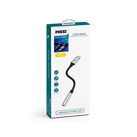 Phixi Basic CA110 Metal Başlıklı Örgü Kablo Lightning to 3.5mm Jack Çevirici