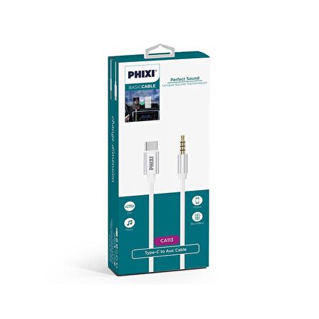 Phixi Basic CA113 Metal Başlıklı 100cm Type-C to Aux Silikon Kablo