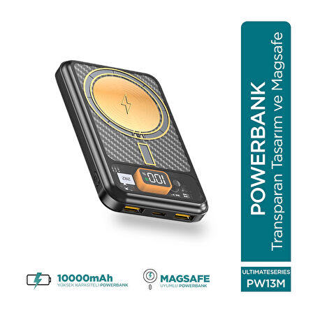 Phixi Ultimate PW13M 10000mAh 22.5W MagSafe Powerbank  - Transparan Kablosuz Mini Şarj Cihazı - 2 USB 1 PD Port - Dijital Ekran - Taşınabilir Şarj Cihazı