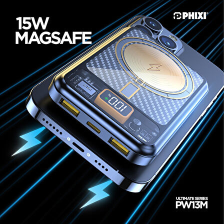 Phixi Ultimate PW13M 10000mAh 22.5W MagSafe Powerbank  - Transparan Kablosuz Mini Şarj Cihazı - 2 USB 1 PD Port - Dijital Ekran - Taşınabilir Şarj Cihazı