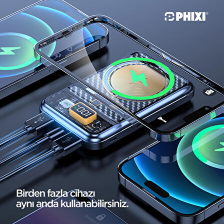 Phixi Ultimate PW13M 10000mAh 22.5W MagSafe Powerbank  - Transparan Kablosuz Mini Şarj Cihazı - 2 USB 1 PD Port - Dijital Ekran - Taşınabilir Şarj Cihazı