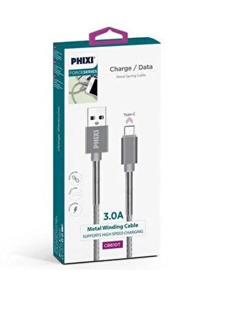 Phixi CB610T Force Metal Örgü 100 Cm Type-C USB Şarj ve Data Kablosu