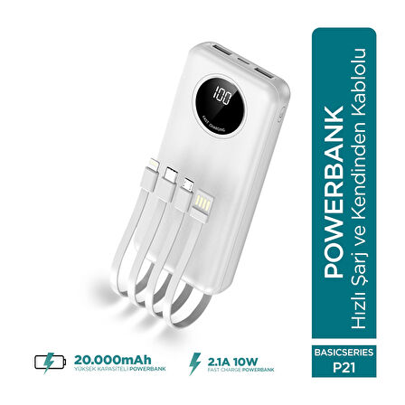 Phixi Basic P21 20000mAh 10W Kendinden Kablolu Şarj Cihazı -  Powerbank - 2 USB Port 4 Kablo Çıkışı - LED Ekran - Taşınabilir Şarj Cihazı