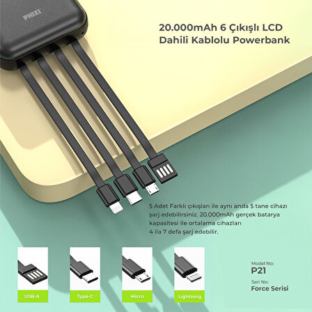 Phixi Basic P21 20000mAh 10W Kendinden Kablolu Şarj Cihazı -  Powerbank - 2 USB Port 4 Kablo Çıkışı - LED Ekran - Taşınabilir Şarj Cihazı