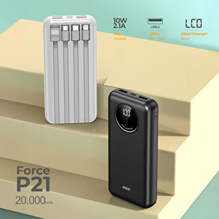 Phixi Basic P21 20000mAh 10W Kendinden Kablolu Şarj Cihazı -  Powerbank - 2 USB Port 4 Kablo Çıkışı - LED Ekran - Taşınabilir Şarj Cihazı