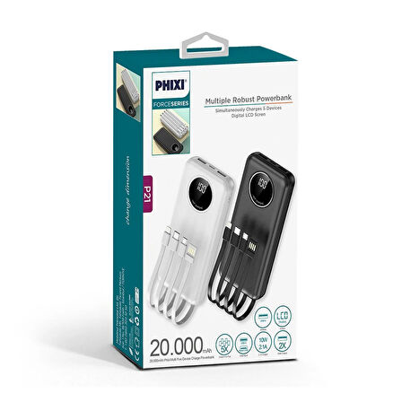 Phixi Basic P21 20000mAh 10W Kendinden Kablolu Şarj Cihazı -  Powerbank - 2 USB Port 4 Kablo Çıkışı - LED Ekran - Taşınabilir Şarj Cihazı
