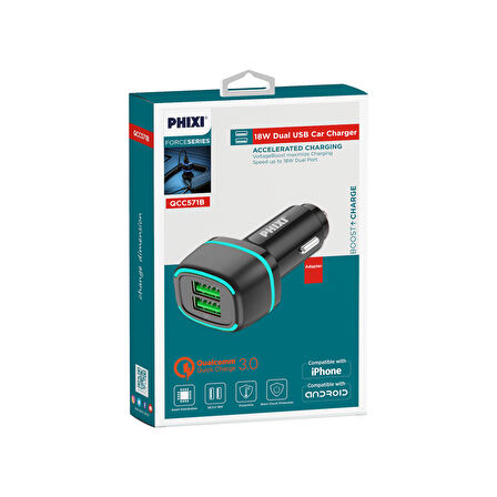 Phixi Force QCC571 Çift Çıkışlı Araç Şarj Adaptörü