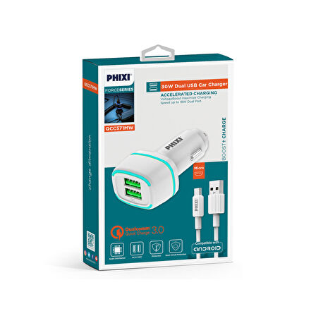 Phixi Force QCC571M Çift Çıkışlı Fast Micro USB Kablolu Araç Şarj Cihazı