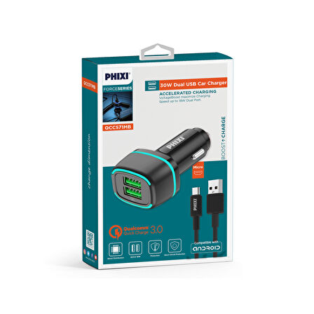Phixi Force QCC571M Çift Çıkışlı Fast Micro USB Kablolu Araç Şarj Cihazı