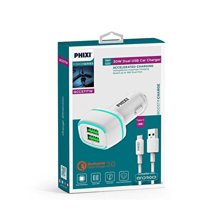 Phixi Force QCC571T Çift Çıkışlı Fast Type-C USB Kablolu Araç Şarj Cihazı