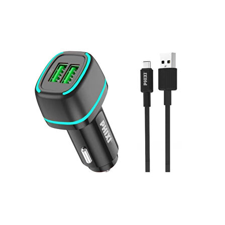 Phixi Force QCC571T Çift Çıkışlı Fast Type-C USB Kablolu Araç Şarj Cihazı