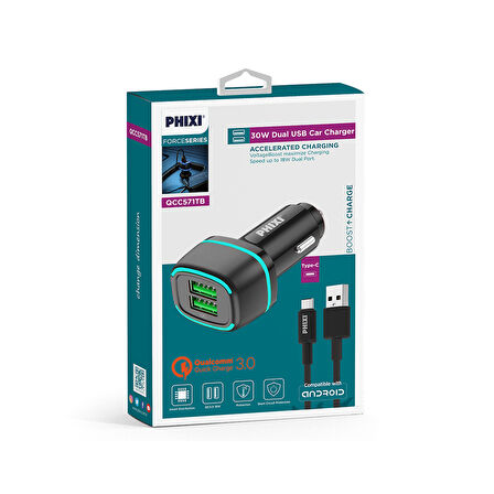 Phixi Force QCC571T Çift Çıkışlı Fast Type-C USB Kablolu Araç Şarj Cihazı