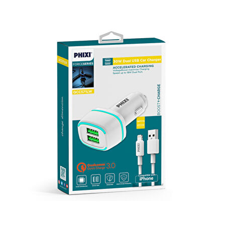 Phixi Force QCC571L Çift Çıkışlı Fast Lightning USB Kablolu Araç Şarj Cihazı