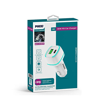 Phixi Force QCC4138 Çift Çıkışlı PD Destekli 38W Araç Şarj Adaptörü