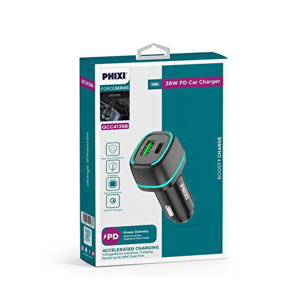 Phixi Force QCC4138 Çift Çıkışlı PD Destekli 38W Araç Şarj Adaptörü