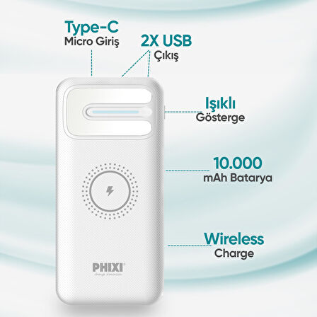 Phixi Basic PW11 10000mAh 10W Kablosuz Şarj Cihazı - Wireless Powerbank - 2 USB Port - LED Gösterge - Taşınabilir Şarj Cihazı